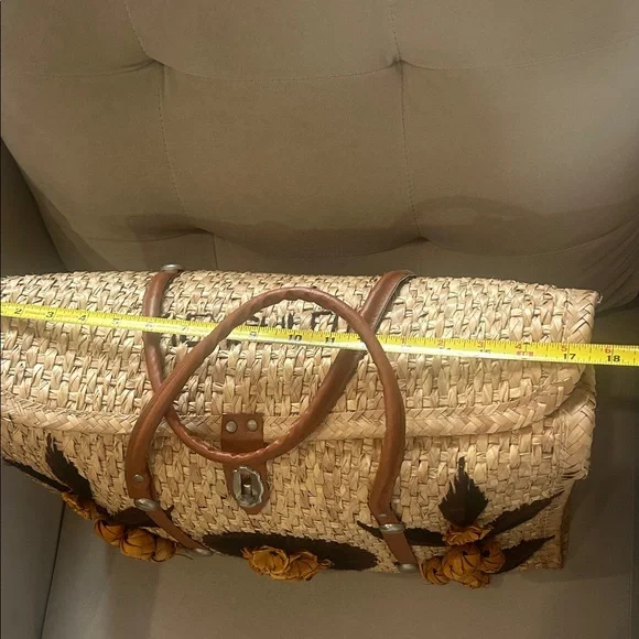 Woven Straw Tote Bag with Brown Leather Trim and Floral Accents -Acapulco - Picture 11 of 13